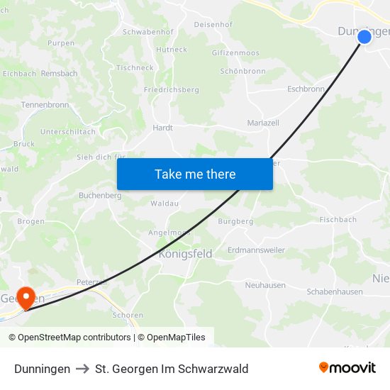 Dunningen to St. Georgen Im Schwarzwald map