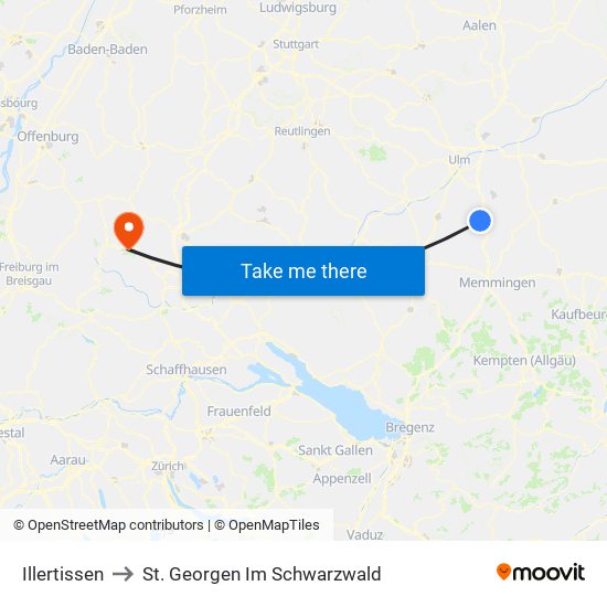 Illertissen to St. Georgen Im Schwarzwald map