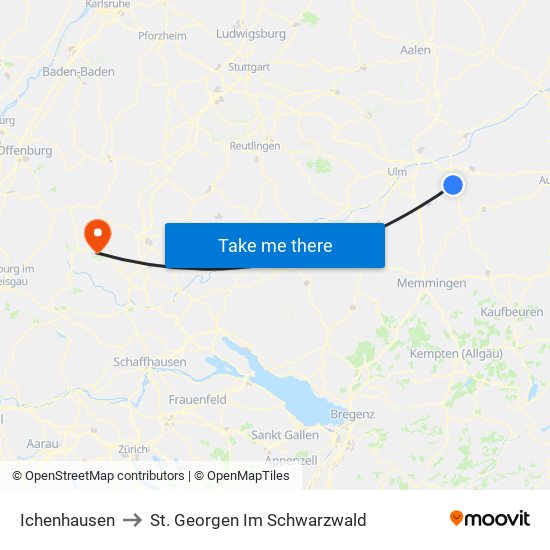 Ichenhausen to St. Georgen Im Schwarzwald map