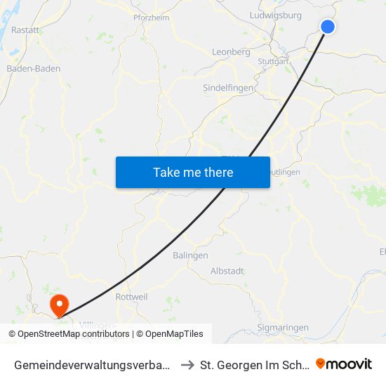 Gemeindeverwaltungsverband Winnenden to St. Georgen Im Schwarzwald map