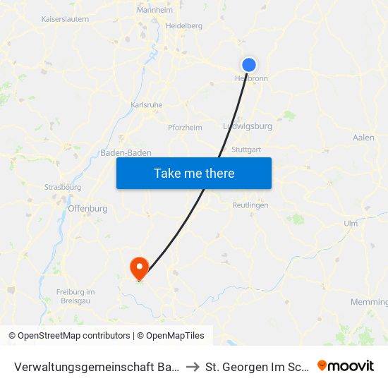 Verwaltungsgemeinschaft Bad Friedrichshall to St. Georgen Im Schwarzwald map