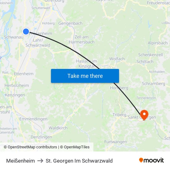 Meißenheim to St. Georgen Im Schwarzwald map