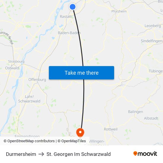 Durmersheim to St. Georgen Im Schwarzwald map