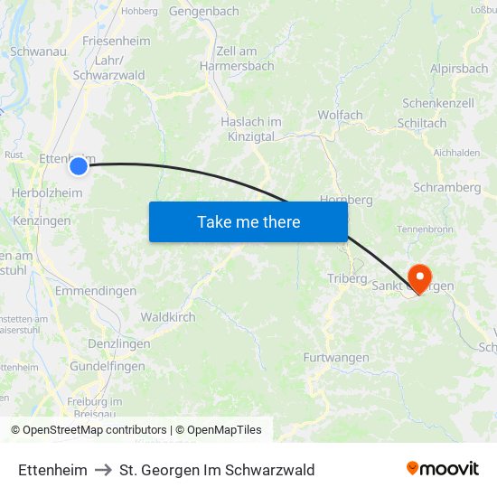 Ettenheim to St. Georgen Im Schwarzwald map