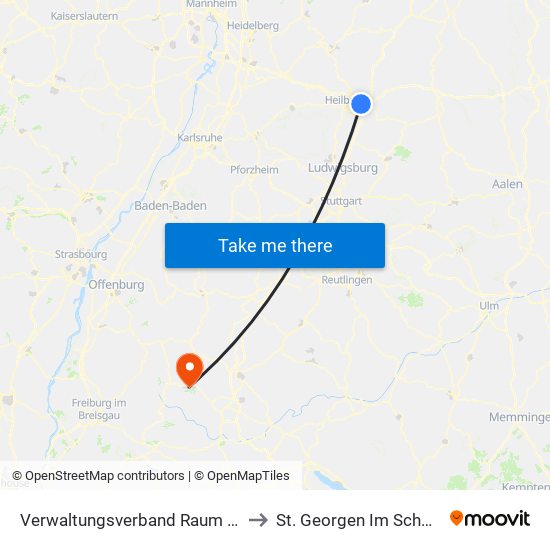 Verwaltungsverband Raum Weinsberg to St. Georgen Im Schwarzwald map