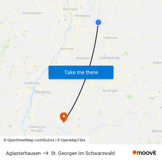 Aglasterhausen to St. Georgen Im Schwarzwald map