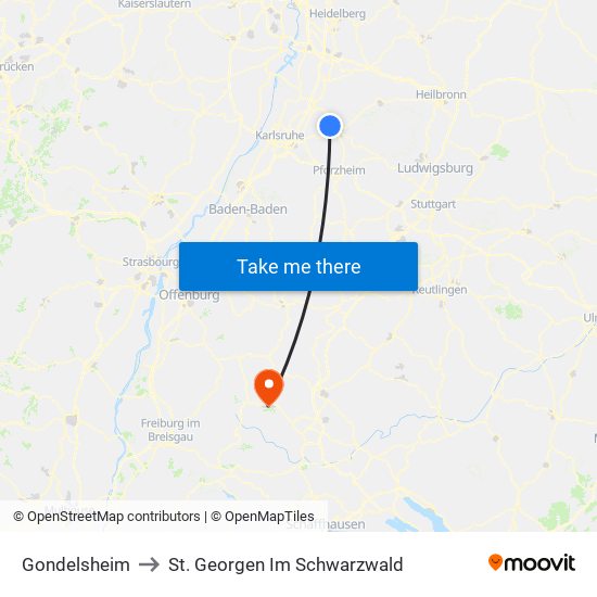 Gondelsheim to St. Georgen Im Schwarzwald map