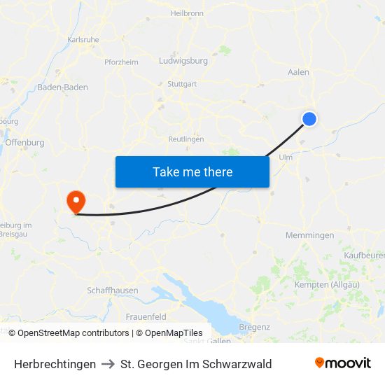 Herbrechtingen to St. Georgen Im Schwarzwald map