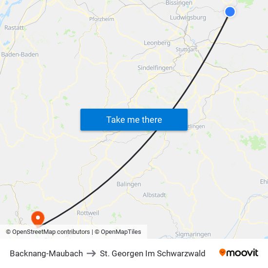 Backnang-Maubach to St. Georgen Im Schwarzwald map