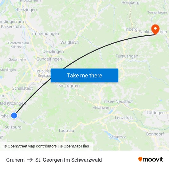 Grunern to St. Georgen Im Schwarzwald map
