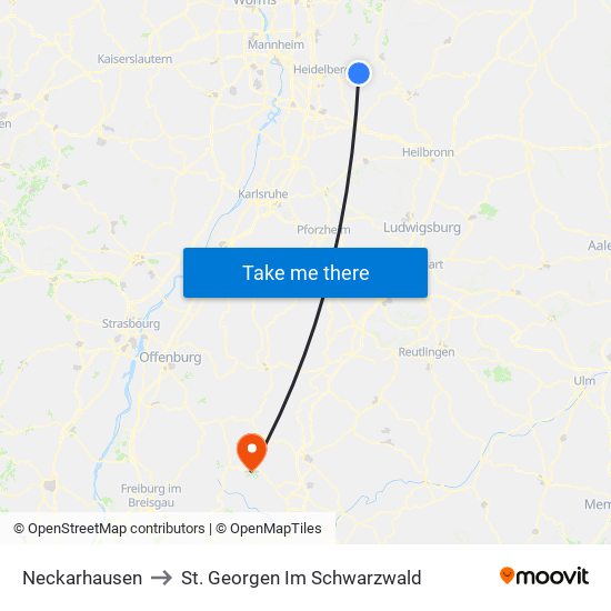 Neckarhausen to St. Georgen Im Schwarzwald map