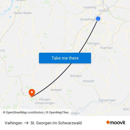 Vaihingen to St. Georgen Im Schwarzwald map