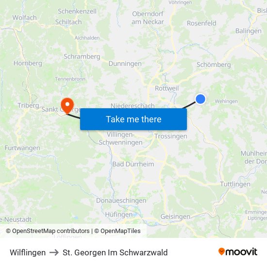 Wilflingen to St. Georgen Im Schwarzwald map