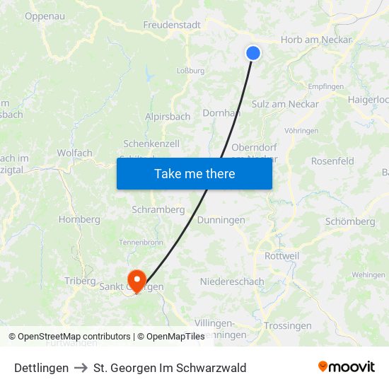 Dettlingen to St. Georgen Im Schwarzwald map
