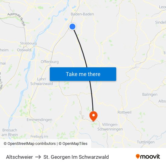 Altschweier to St. Georgen Im Schwarzwald map