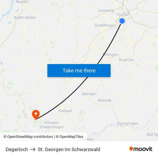 Degerloch to St. Georgen Im Schwarzwald map