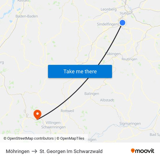 Möhringen to St. Georgen Im Schwarzwald map