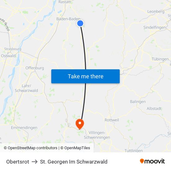 Obertsrot to St. Georgen Im Schwarzwald map