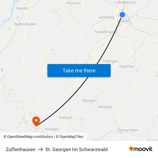 Zuffenhausen to St. Georgen Im Schwarzwald map