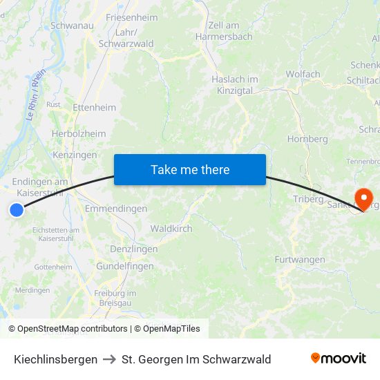 Kiechlinsbergen to St. Georgen Im Schwarzwald map