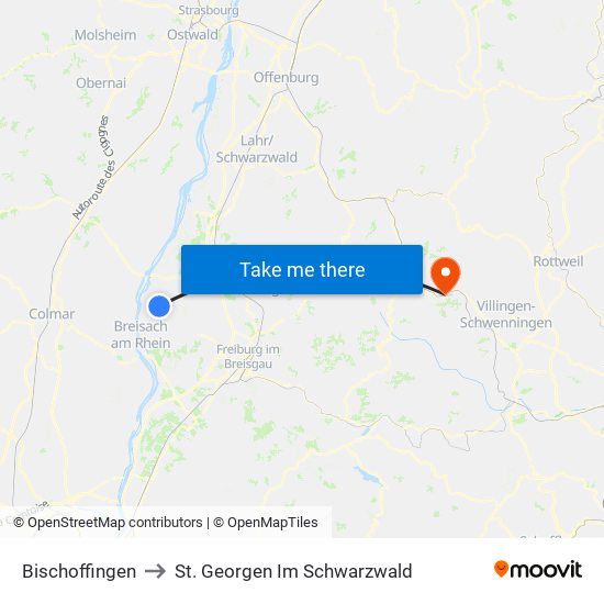 Bischoffingen to St. Georgen Im Schwarzwald map