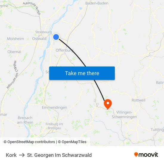 Kork to St. Georgen Im Schwarzwald map