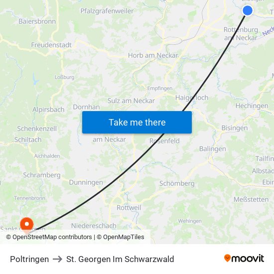 Poltringen to St. Georgen Im Schwarzwald map