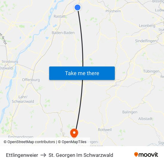 Ettlingenweier to St. Georgen Im Schwarzwald map