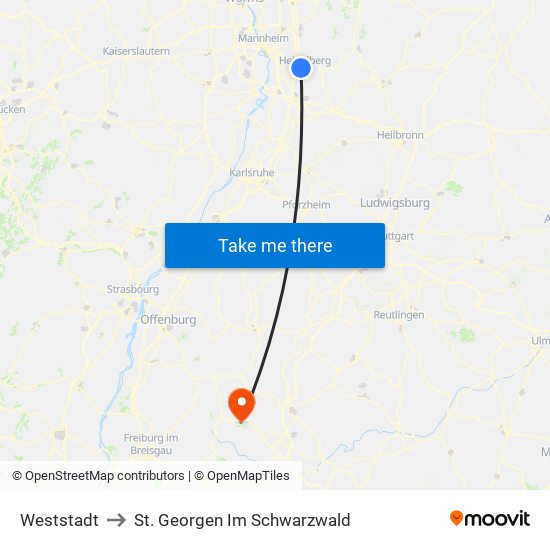Weststadt to St. Georgen Im Schwarzwald map