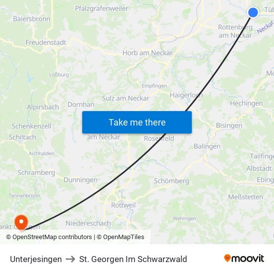 Unterjesingen to St. Georgen Im Schwarzwald map
