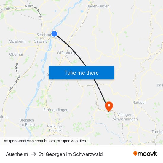 Auenheim to St. Georgen Im Schwarzwald map