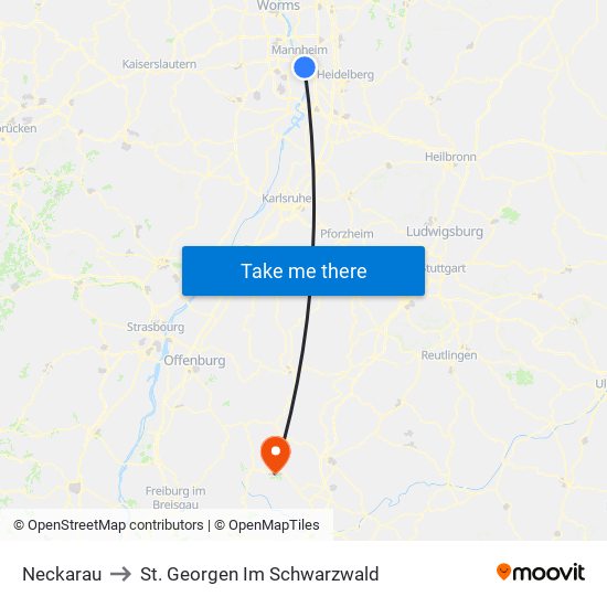 Neckarau to St. Georgen Im Schwarzwald map