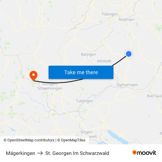 Mägerkingen to St. Georgen Im Schwarzwald map