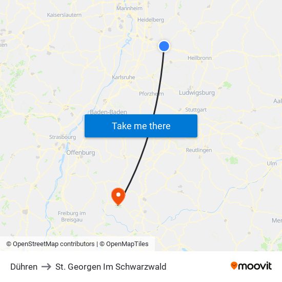 Dühren to St. Georgen Im Schwarzwald map