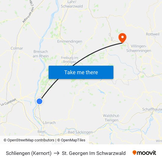 Schliengen (Kernort) to St. Georgen Im Schwarzwald map