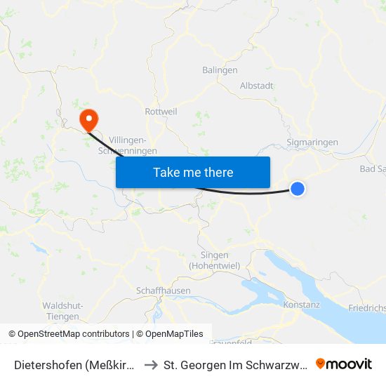 Dietershofen (Meßkirch) to St. Georgen Im Schwarzwald map