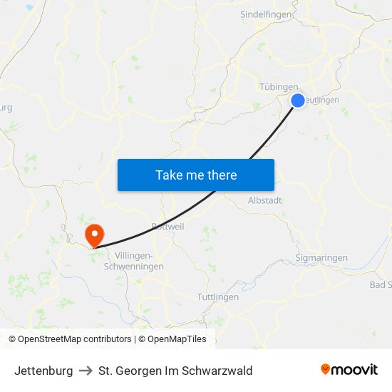 Jettenburg to St. Georgen Im Schwarzwald map