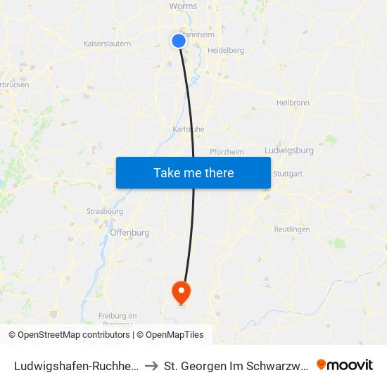 Ludwigshafen-Ruchheim to St. Georgen Im Schwarzwald map