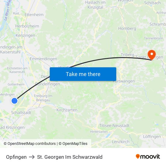 Opfingen to St. Georgen Im Schwarzwald map