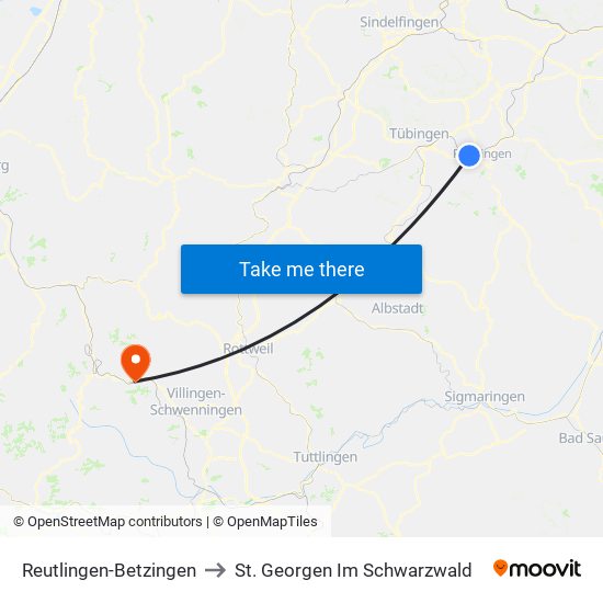 Reutlingen-Betzingen to St. Georgen Im Schwarzwald map