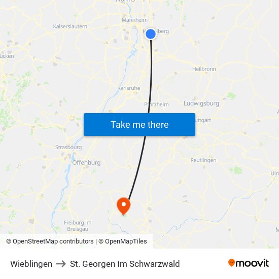 Wieblingen to St. Georgen Im Schwarzwald map