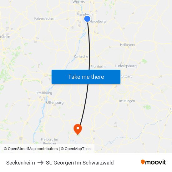 Seckenheim to St. Georgen Im Schwarzwald map
