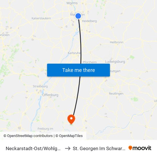 Neckarstadt-Ost/Wohlgelegen to St. Georgen Im Schwarzwald map