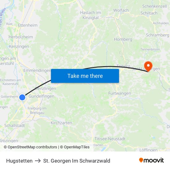 Hugstetten to St. Georgen Im Schwarzwald map