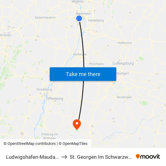 Ludwigshafen-Maudach to St. Georgen Im Schwarzwald map
