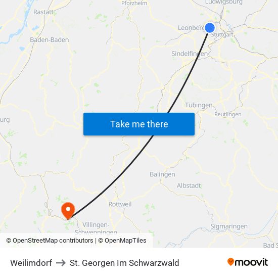 Weilimdorf to St. Georgen Im Schwarzwald map