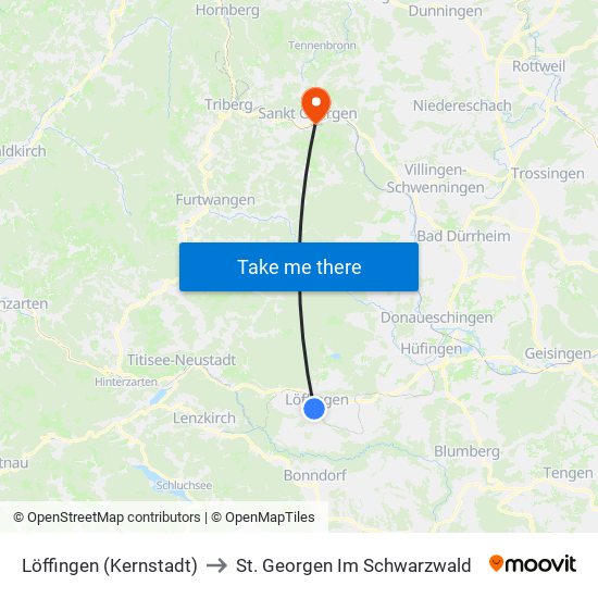 Löffingen (Kernstadt) to St. Georgen Im Schwarzwald map