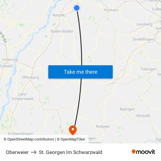 Oberweier to St. Georgen Im Schwarzwald map
