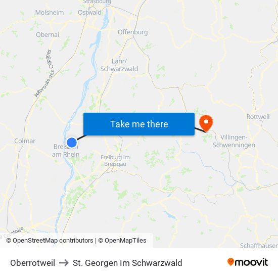 Oberrotweil to St. Georgen Im Schwarzwald map