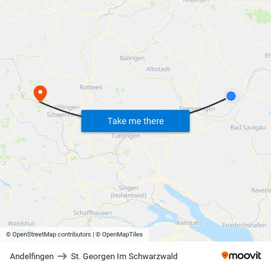 Andelfingen to St. Georgen Im Schwarzwald map